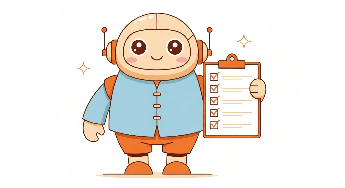 生成AI学習ロードマップのチェックリストを持つロボットの習慣化イラスト